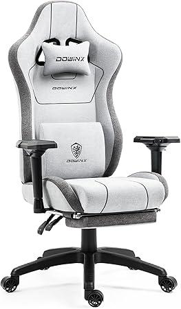 Dowinx Gaming Chair Linen Fabric with Pocket Spring Cushion, Ergonomic Computer Chair with Massage Lumbar Support and Footrest, Comfortable Reclining Game Office Chair 300lbs for Adult and Teen, Grey